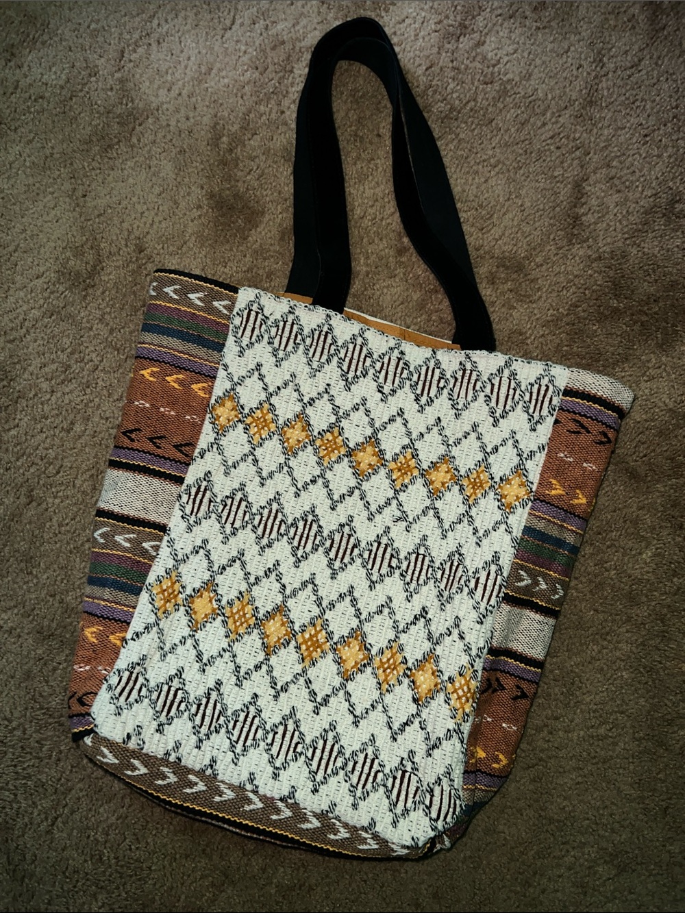 Panache Boho Woven Tote in Cream, Brown & Mustard